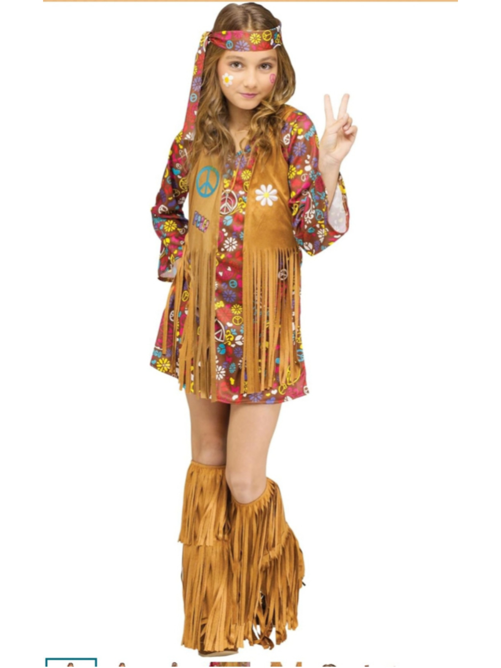 Girls Fun World Hippie Costume Size L ( 12-14) Brown Multicolor